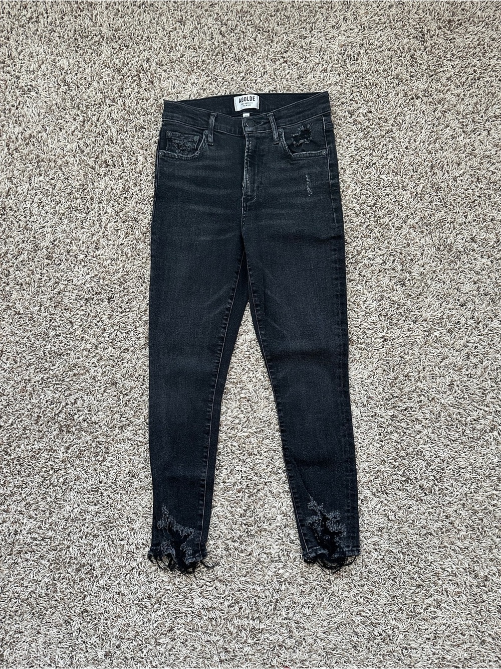 Agolde Washed Black High-Rise Skinny Jeans with Frayed Hem